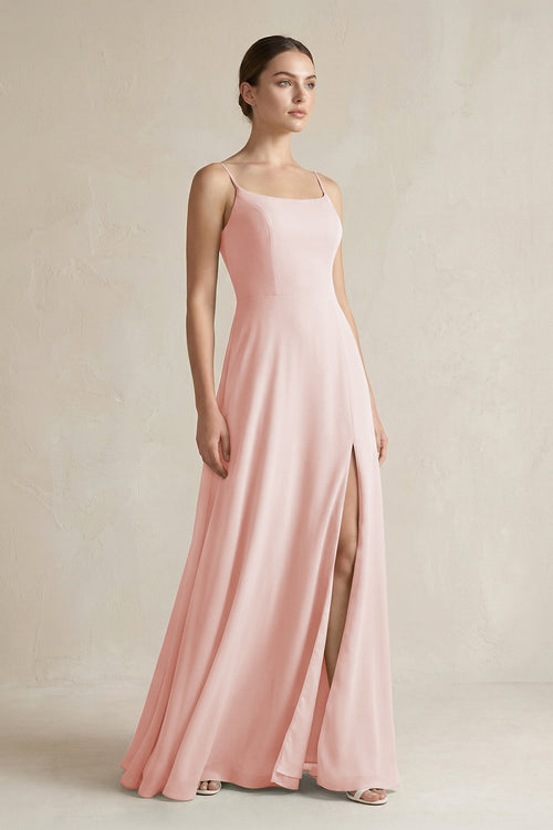 Rose Petal A-Line Chiffon Spaghetti Strap Bridesmaid Dress | KISSBRIDAL