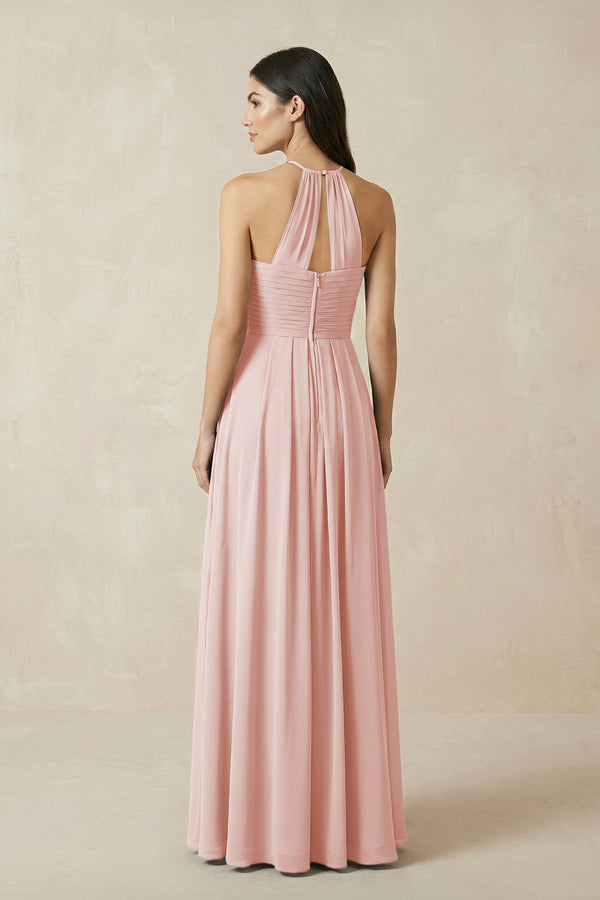 Rose Petal A-Line Halter Neck Pleated Chiffon Bridesmaid Dress (2) | KISSBRIDAL