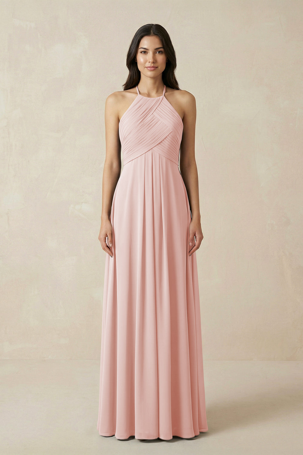 A-Line Halter Neck Pleated Chiffon Bridesmaid Dress in Rose Petal