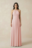 Rose Petal A-Line Halter Neck Pleated Chiffon Bridesmaid Dress | KISSBRIDAL