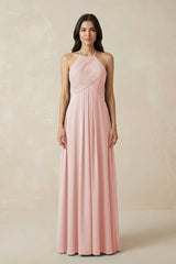 Rose Petal A-Line Halter Neck Pleated Chiffon Bridesmaid Dress | KISSBRIDAL