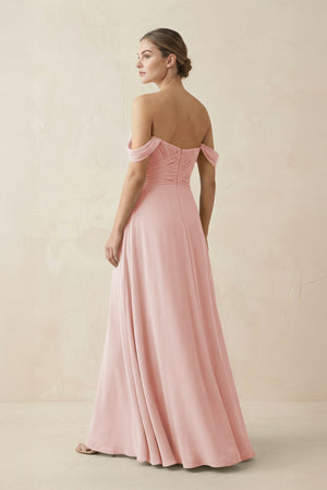 Rose Petal A-Line Off-the-Shoulder Chiffon Bridesmaid Dress (2) | KISSBRIDAL
