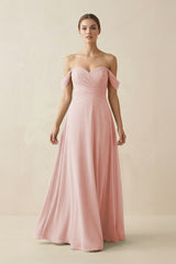 Rose Petal A-Line Off-the-Shoulder Chiffon Bridesmaid Dress | KISSBRIDAL