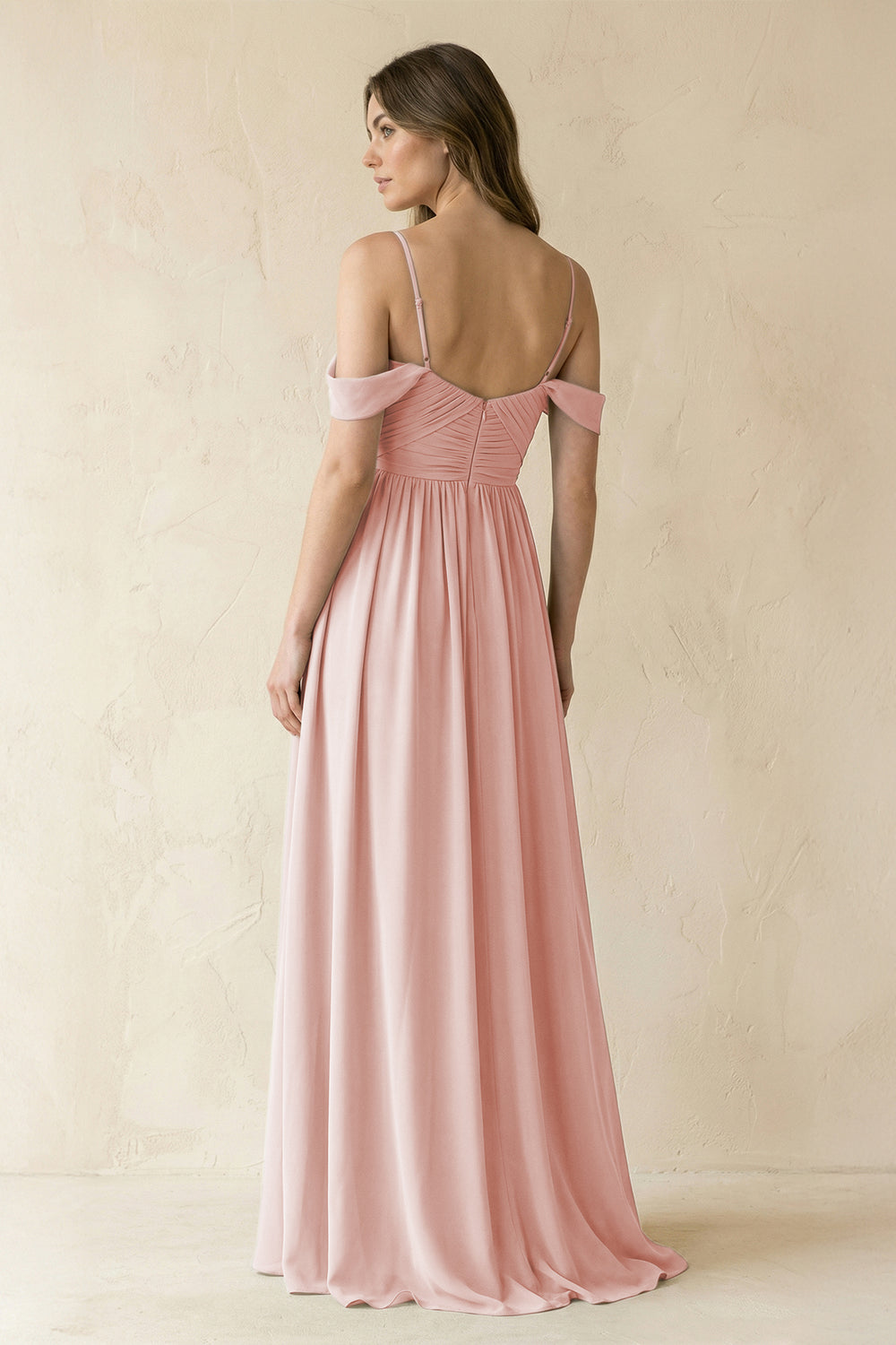 A-Line Off-the-Shoulder Pleated Chiffon Bridesmaid Dress in Rose Petal