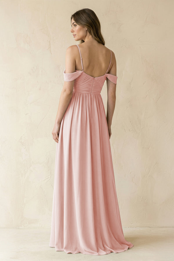 Rose Petal A-Line Off-the-Shoulder Pleated Chiffon Bridesmaid Dress (2) | KISSBRIDAL
