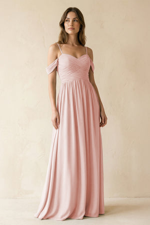 Rose Petal A-Line Off-the-Shoulder Pleated Chiffon Bridesmaid Dress | KISSBRIDAL
