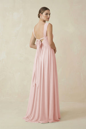 Rose Petal A-Line Pleated Chiffon Long Bridesmaid Dress (2) | KISSBRIDAL