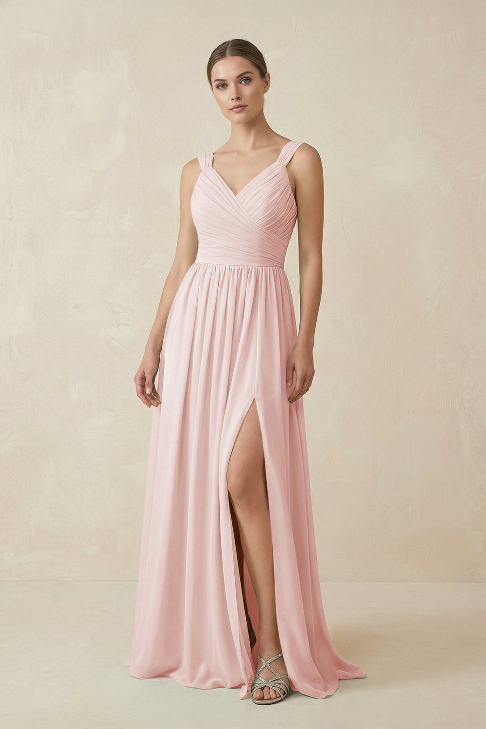 A-Line Pleated Chiffon Long Bridesmaid Dress in Rose Petal