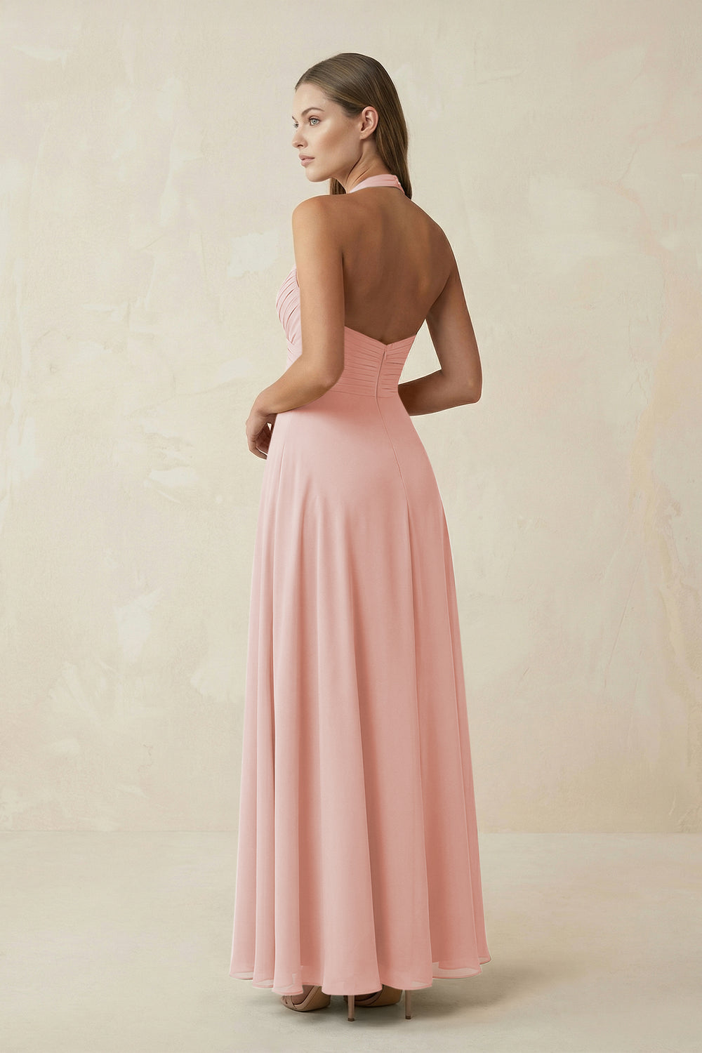 A-Line Pleated Chiffon V-Neck Bridesmaid Dress in Rose Petal