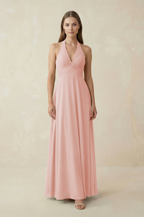 Rose Petal A-Line Pleated Chiffon V-Neck Bridesmaid Dress | KISSBRIDAL