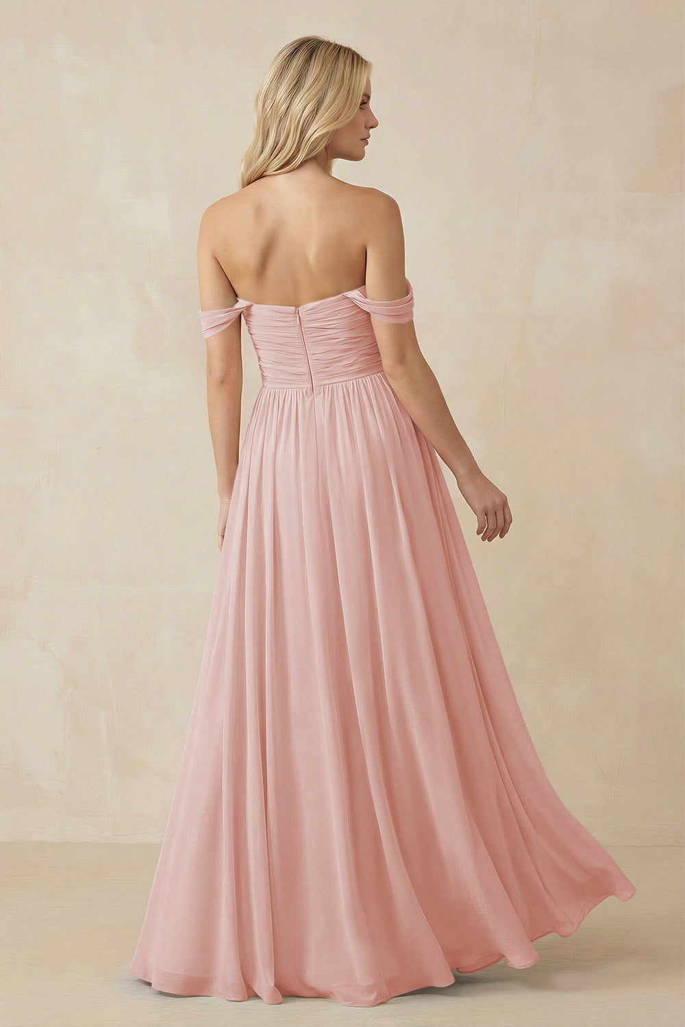 A-Line Pleated Long Chiffon Bridesmaid Dress in Rose Petal