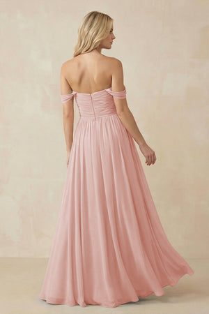 Rose Petal A-Line Pleated Long Chiffon Bridesmaid Dress (2) | KISSBRIDAL