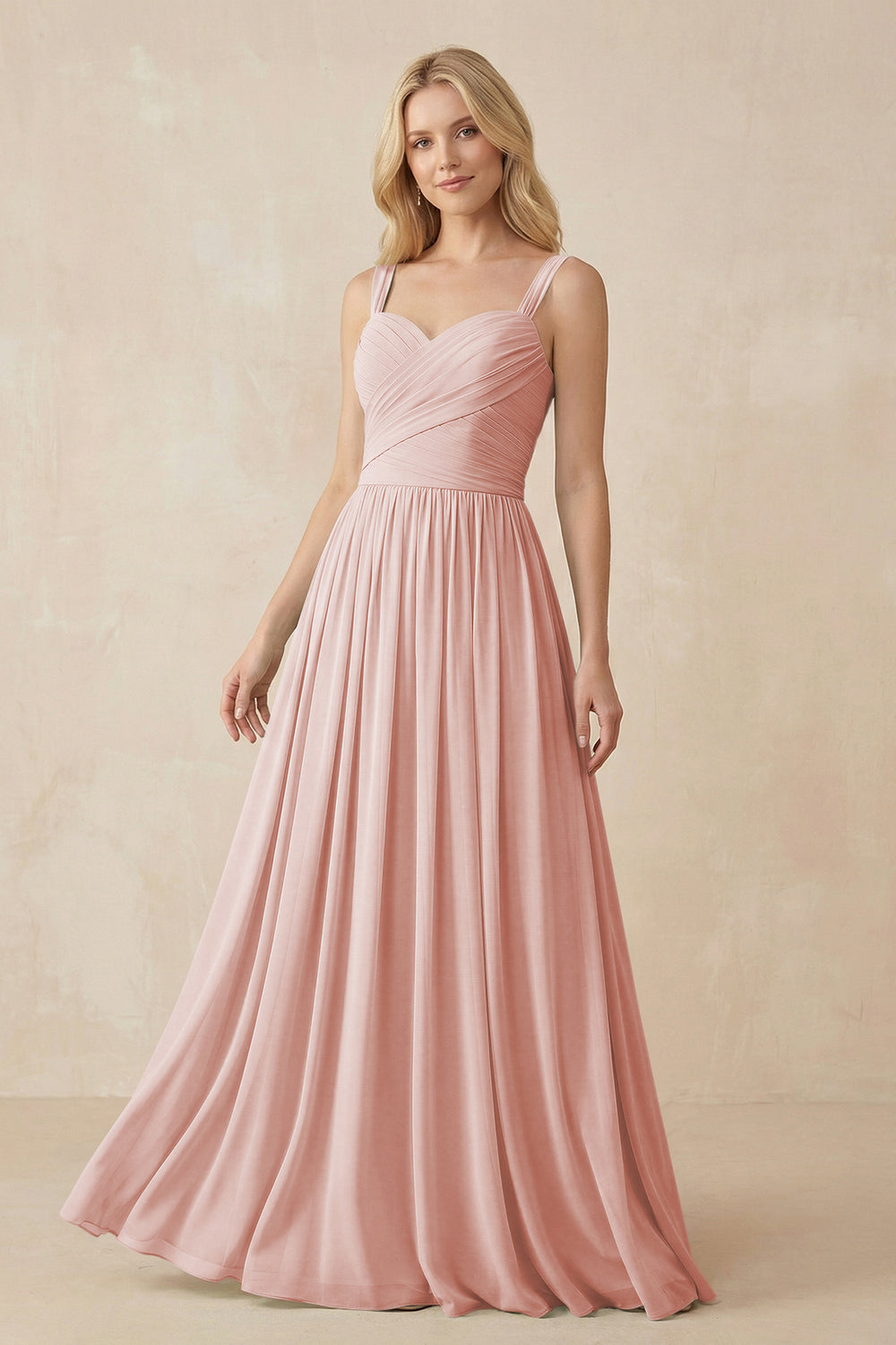A-Line Pleated Long Chiffon Bridesmaid Dress in Rose Petal