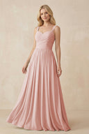 Rose Petal A-Line Pleated Long Chiffon Bridesmaid Dress | KISSBRIDAL