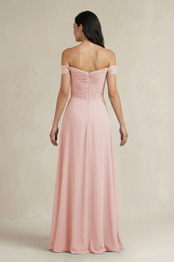 Rose Petal A-Line Pleated Off-the-Shoulder Chiffon Bridesmaid Dress (2) | KISSBRIDAL