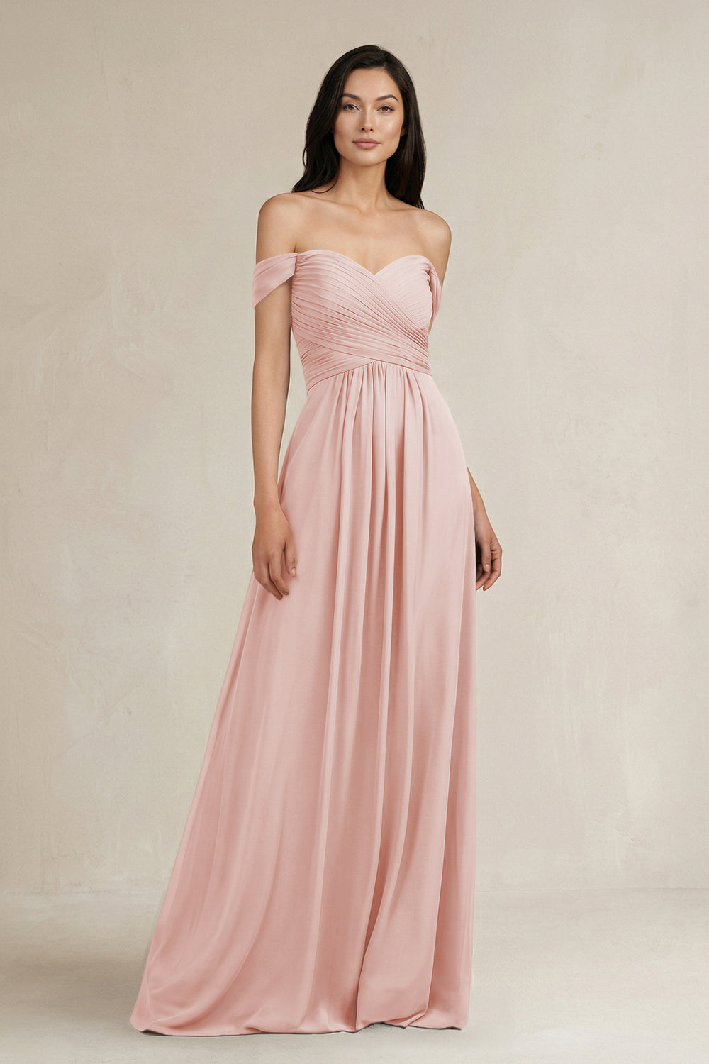 A-Line Pleated Off-the-Shoulder Chiffon Bridesmaid Dress in Rose Petal
