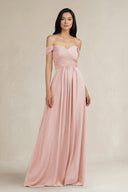 Rose Petal A-Line Pleated Off-the-Shoulder Chiffon Bridesmaid Dress | KISSBRIDAL