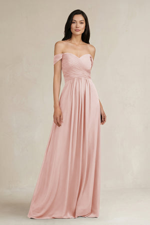 Rose Petal A-Line Pleated Off-the-Shoulder Chiffon Bridesmaid Dress | KISSBRIDAL
