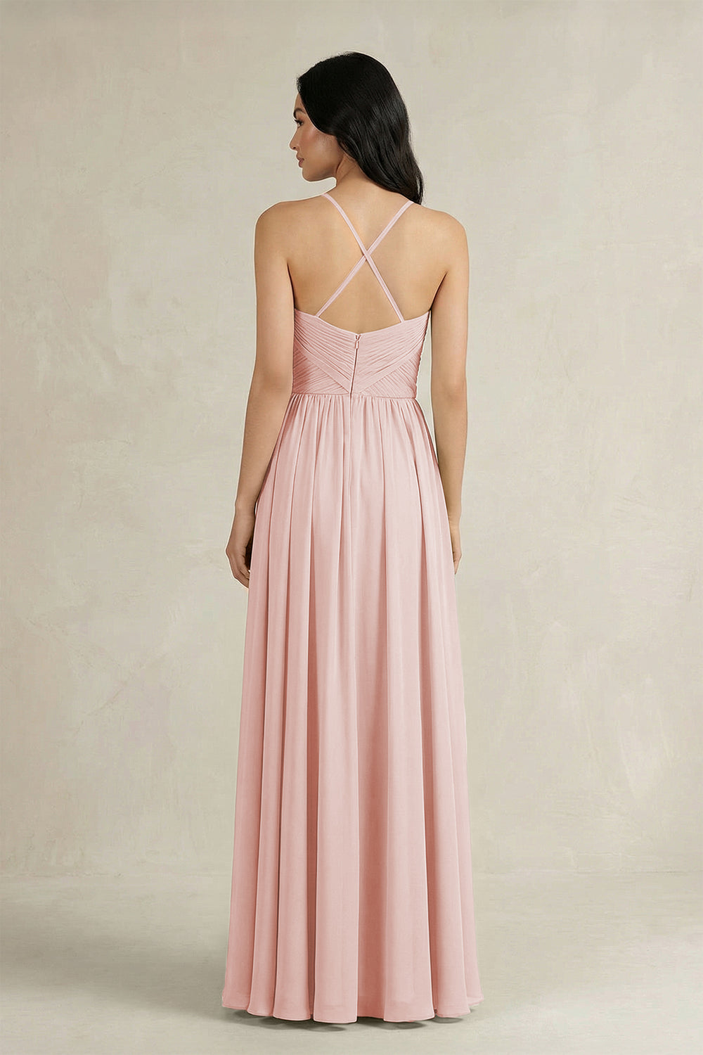 A-Line Pleated Spaghetti Strap Chiffon Bridesmaid Dress in Rose Petal