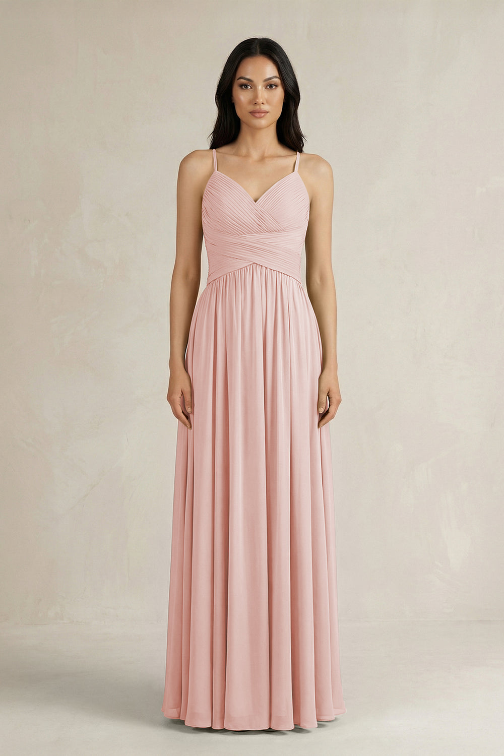 A-Line Pleated Spaghetti Strap Chiffon Bridesmaid Dress in Rose Petal