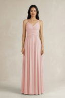 Rose Petal A-Line Pleated Spaghetti Strap Chiffon Bridesmaid Dress | KISSBRIDAL