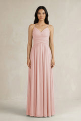 Rose Petal A-Line Pleated Spaghetti Strap Chiffon Bridesmaid Dress | KISSBRIDAL