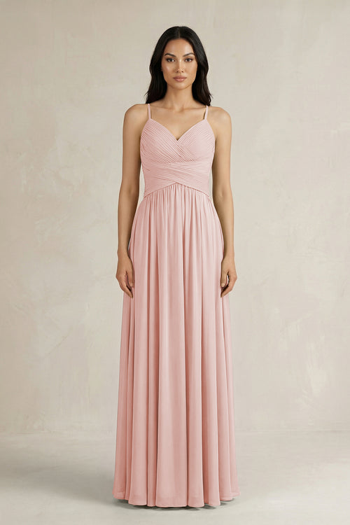 Rose Petal A-Line Pleated Spaghetti Strap Chiffon Bridesmaid Dress | KISSBRIDAL