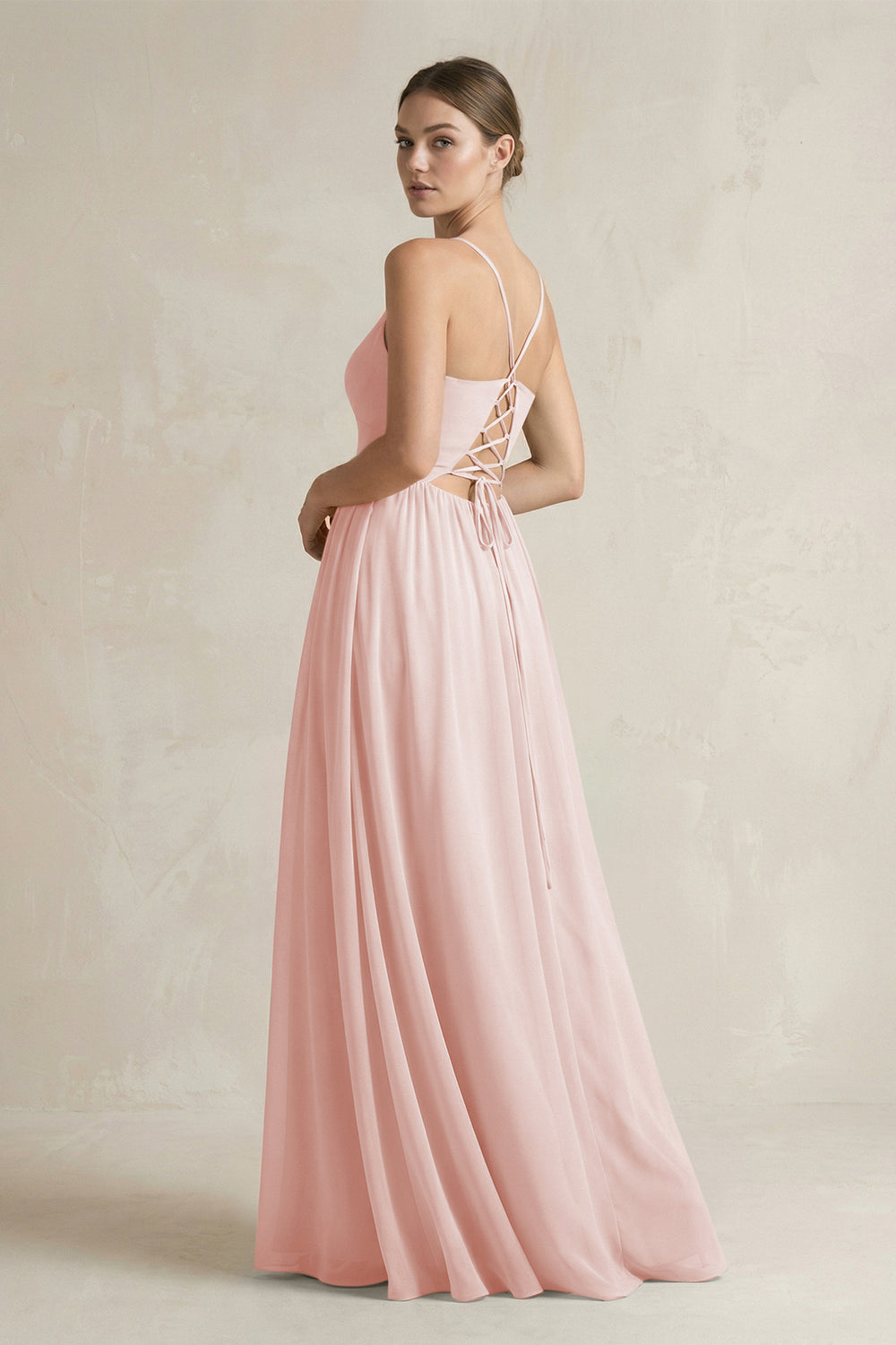 A-Line Spaghetti Strap Chiffon Bridesmaid Dress in Rose Petal