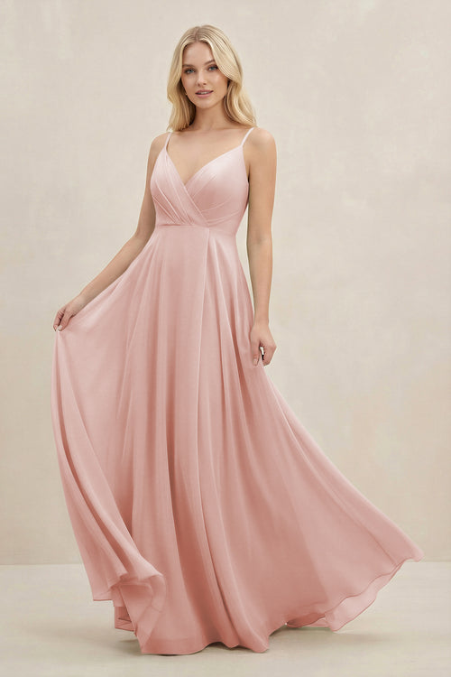 Rose Petal A-Line Spaghetti Strap Chiffon Bridesmaid Dress | KISSBRIDAL