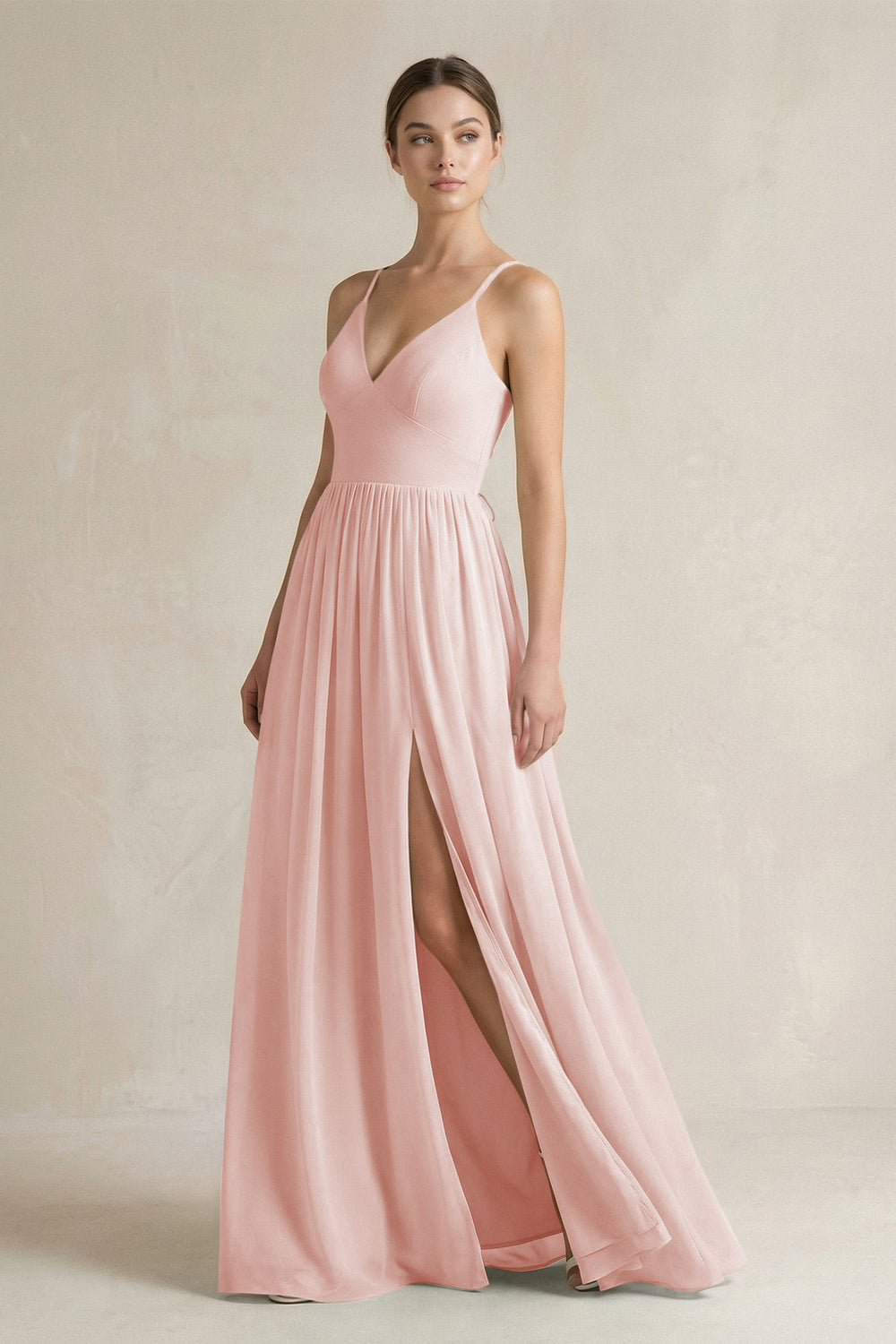 A-Line Spaghetti Strap Chiffon Bridesmaid Dress in Rose Petal