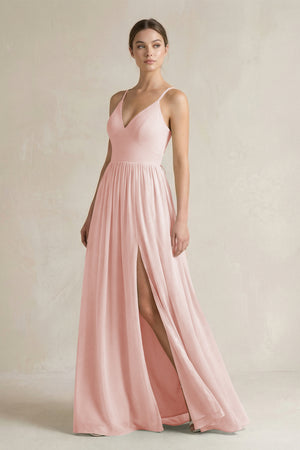 Rose Petal A-Line Spaghetti Strap Chiffon Bridesmaid Dress | KISSBRIDAL