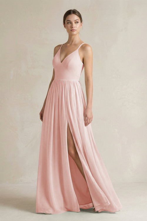 Rose Petal A-Line Spaghetti Strap Chiffon Bridesmaid Dress | KISSBRIDAL