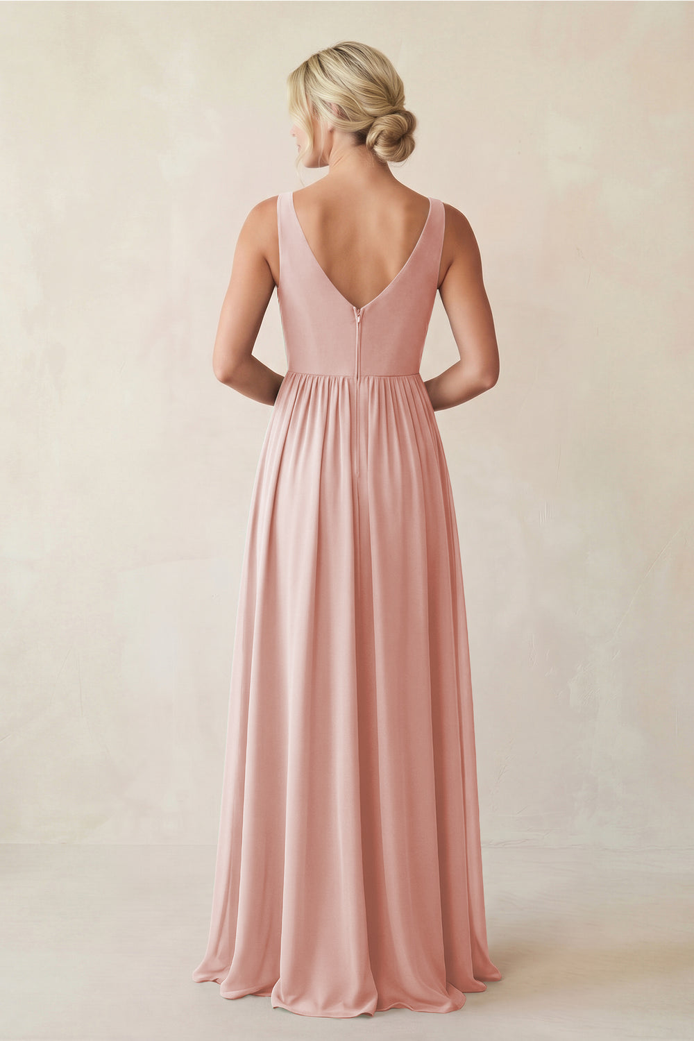 A-Line V-Neck Pleated Chiffon Bridesmaid Dress in Rose Petal