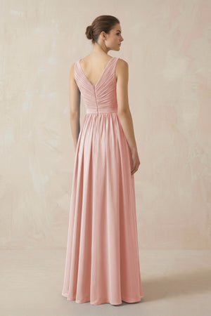Rose Petal A-Line V-Neck Pleated Chiffon Bridesmaid Dress (2) | KISSBRIDAL