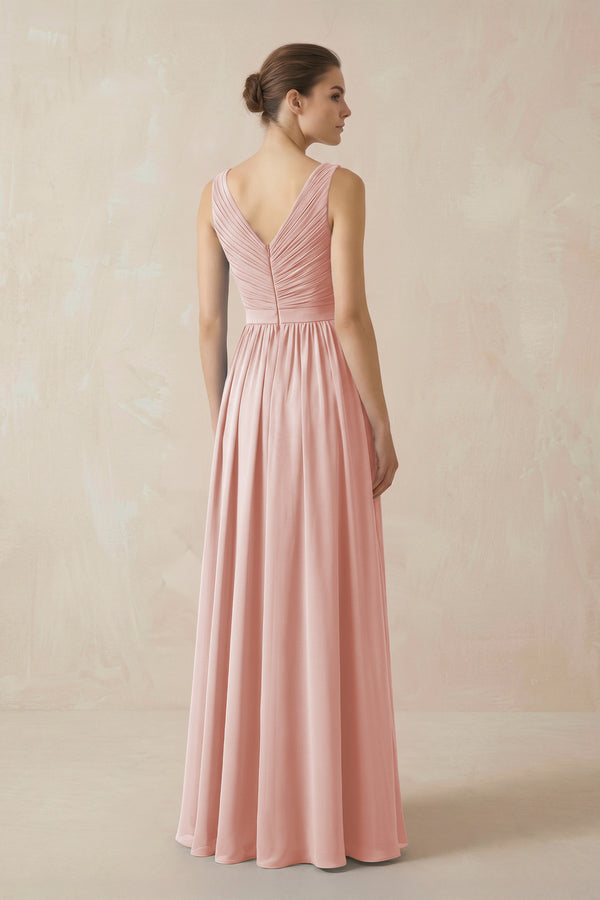 Rose Petal A-Line V-Neck Pleated Chiffon Bridesmaid Dress (2) | KISSBRIDAL