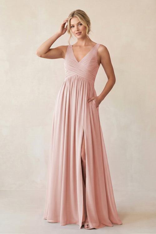 Rose Petal A-Line V-Neck Pleated Chiffon Bridesmaid Dress | KISSBRIDAL