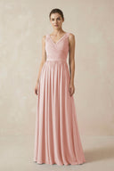 Rose Petal A-Line V-Neck Pleated Chiffon Bridesmaid Dress | KISSBRIDAL