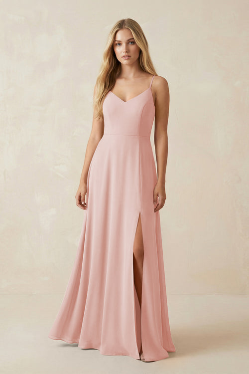 Rose Petal Cami Strap A-Line Chiffon Bridesmaid Dress with Slit | KISSBRIDAL