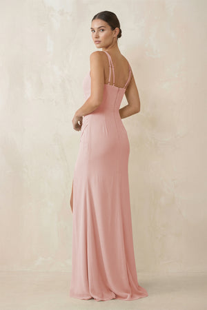 Rose Petal Cami Strap Chiffon Sheath Bridesmaid Gown (2) | KISSBRIDAL
