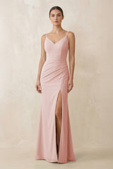 Rose Petal Cami Strap Chiffon Sheath Bridesmaid Gown | KISSBRIDAL