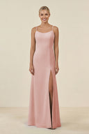 Rose Petal Cami Strap Chiffon Sheath Bridesmaid Gown | KISSBRIDAL