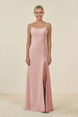 Rose Petal Cami Strap Chiffon Sheath Bridesmaid Gown | KISSBRIDAL