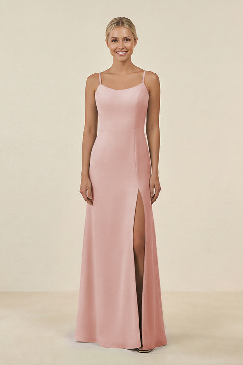 Rose Petal Cami Strap Chiffon Sheath Bridesmaid Gown | KISSBRIDAL