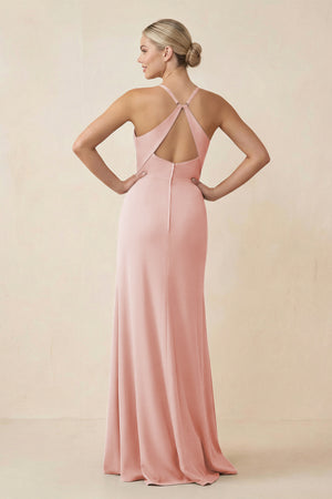 Rose Petal Cami Strap Sheath Ruched Bridesmaid Dress With Slit (2) | KISSBRIDAL