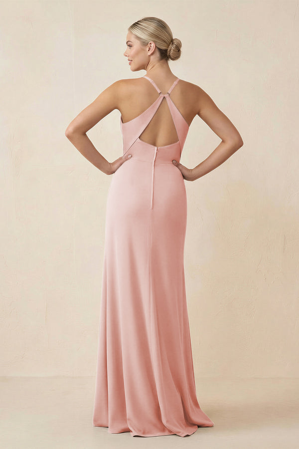 Rose Petal Cami Strap Sheath Ruched Bridesmaid Dress With Slit (2) | KISSBRIDAL