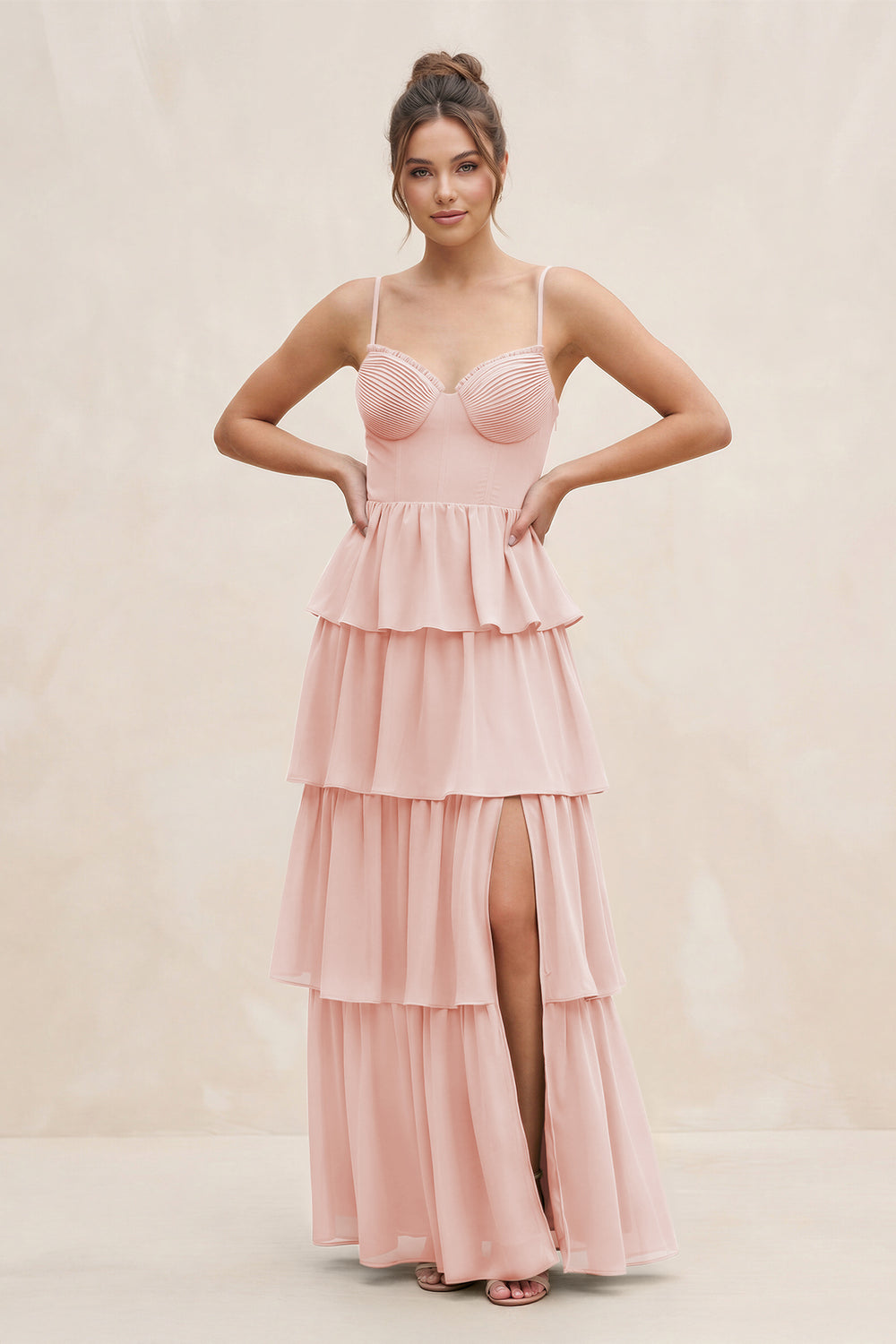 Cami Strap Tiered A-Line Chiffon Bridesmaid Dress in Rose Petal