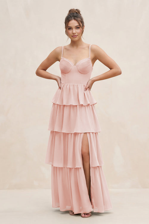 Rose Petal Cami Strap Tiered A-Line Chiffon Bridesmaid Dress | KISSBRIDAL
