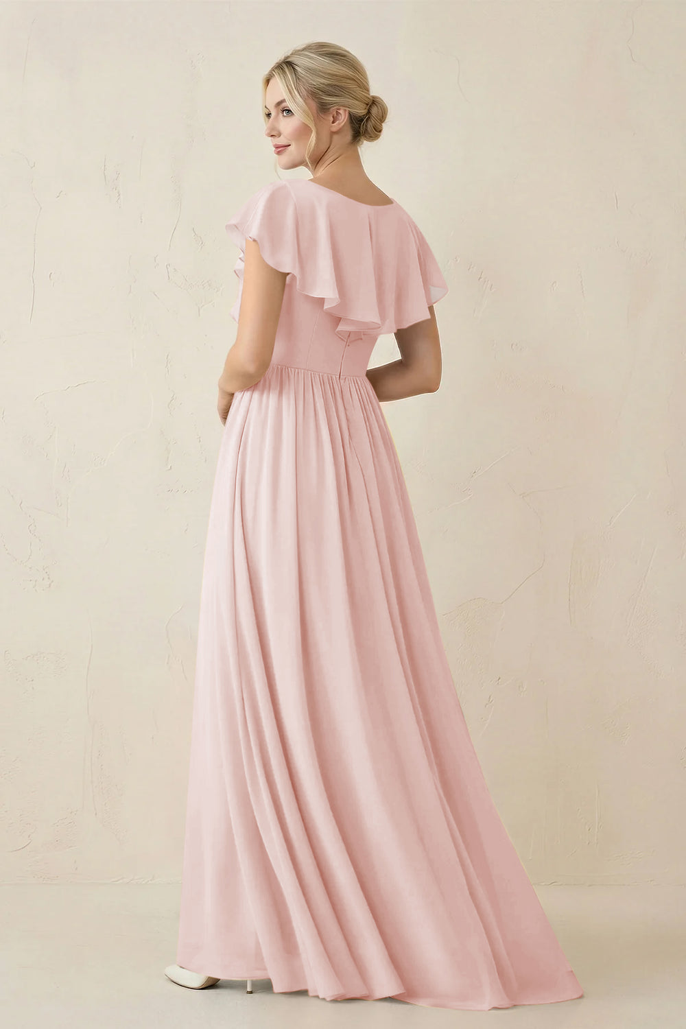 Cap Sleeve A-Line Ruffled Chiffon Bridesmaid Dress in Rose Petal
