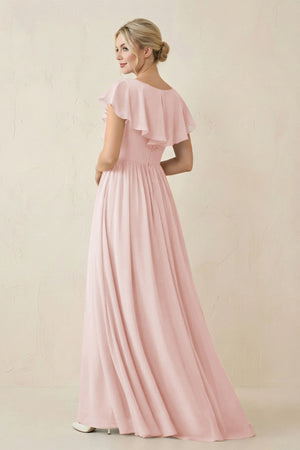 Rose Petal Cap Sleeve A-Line Ruffled Chiffon Bridesmaid Dress (2) | KISSBRIDAL