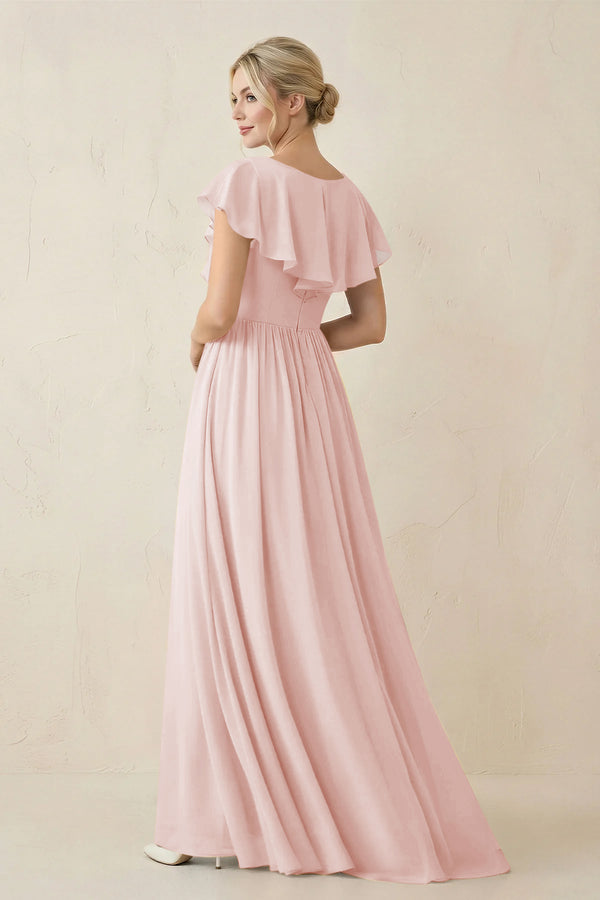 Rose Petal Cap Sleeve A-Line Ruffled Chiffon Bridesmaid Dress (2) | KISSBRIDAL